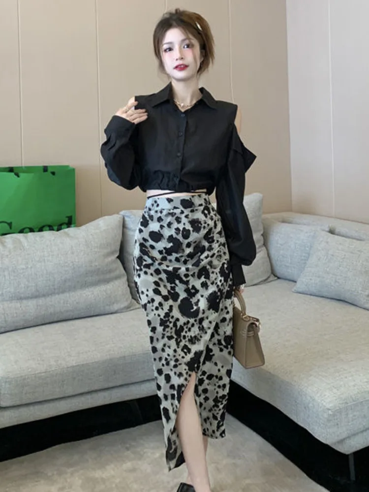 

Fashion Streetwear Two-Piece Set Women Long Sleeve Shirt Blouse Crop Top + Irregular Long Skirt Sets Spring Autumn 2 Piece Suits