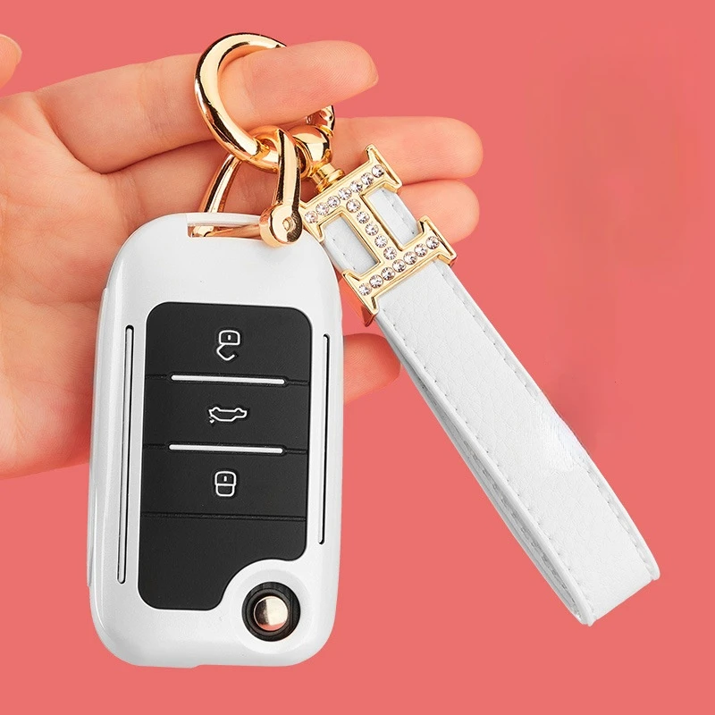 

Luxury Leather Car Key Case Cover Fob Protector Women Keychain Accessories for MG5 MG6 ZS HS Ehs Ezs Remote Keyring Holder Bag