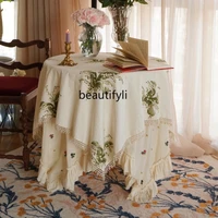 yj happy return linglan french retro high grade round table european style cotton linen tablecloth coffee table cover cloth