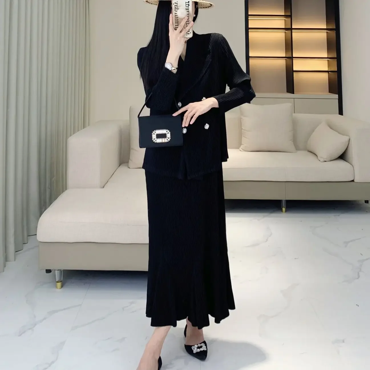 Плиссированный женский осенний Новый Модный Блейзер и юбка рыбий хвост комплект