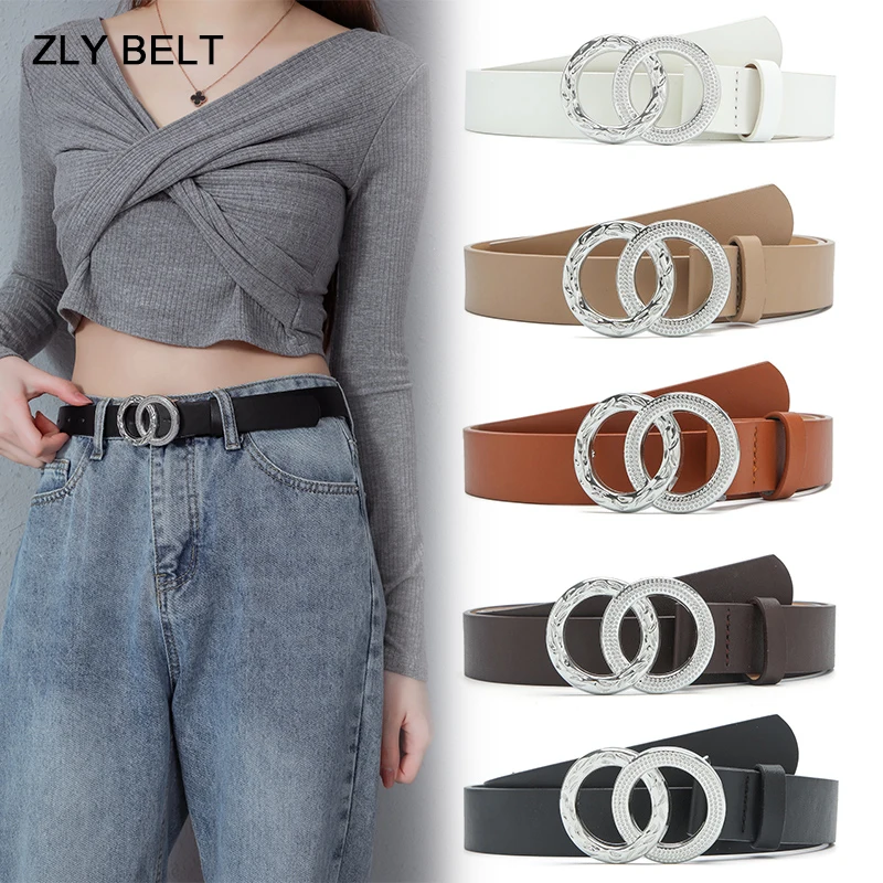 ZLY 2022 New Fashion Belt Women Men Luxury PU Leather Material Two Round Carved Pattern Alloy Metal Buckle Versatile Style Belt