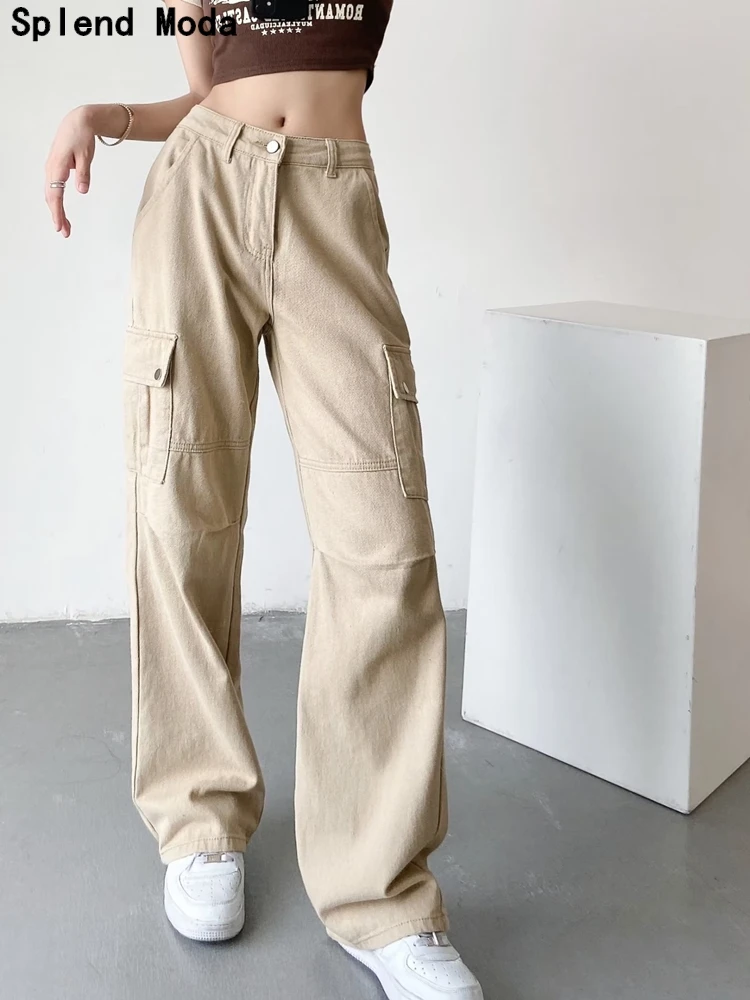 

Splend Moda Women Fashion Street Style Loose Denim Cargo Pants Casual Mid Waist Side Pockets Jeans Chic Zipper Fly Trousers
