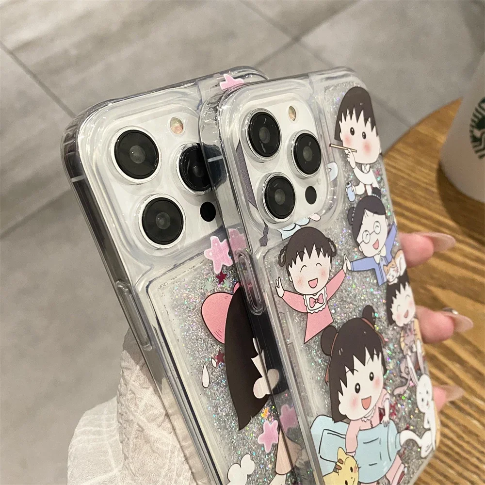 Luxury Star Quicksand Anime Chibi Marukos with Lanyard Phone Case for IPhone 16 15 14 13 12 11 Pro Max Transparent Back Cover