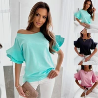 2022 summer trend comfortable simple flared sleeve round neck solid color t shirt ladies all match top