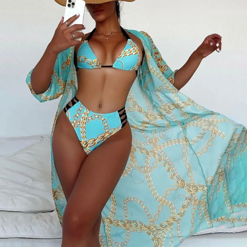 

Купальник с принтом цепей, комплект из 3 предметов, бюстгальтер, трусы, чехол, весна-лето 2022, сексуальная женская одежда для плавания