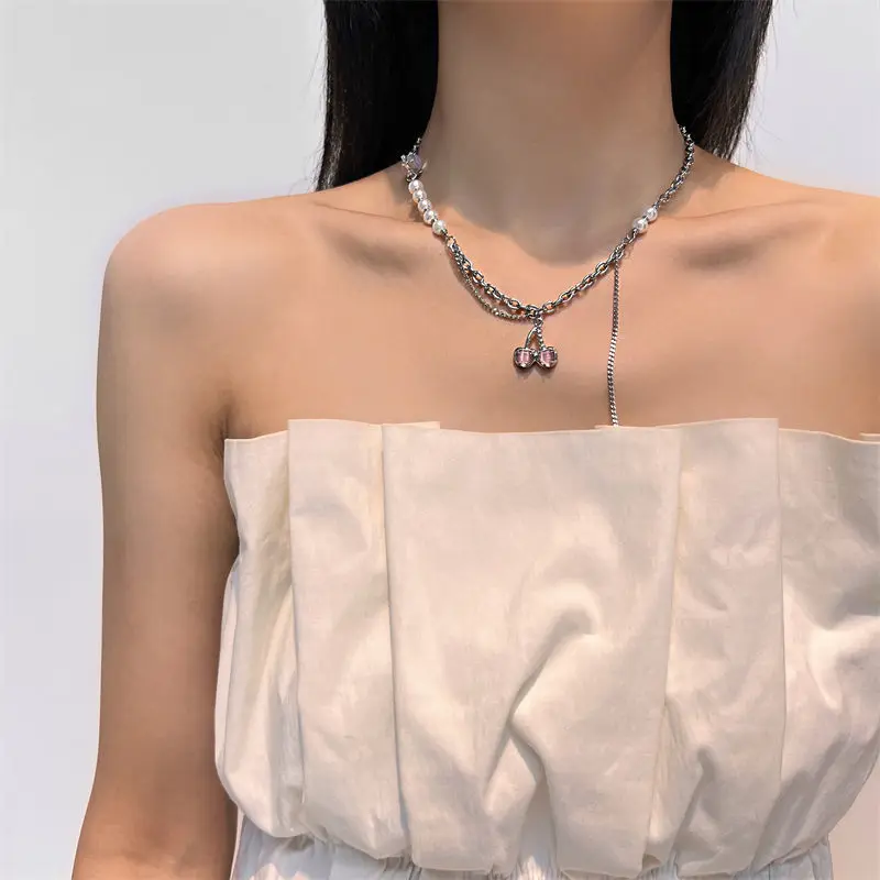 Draweye Pink Cherry Necklaces for Women Sweet Y2k Korean Fashion Jewelry Pearls Beads Elegant Sweet Pendant Necklace Vintage