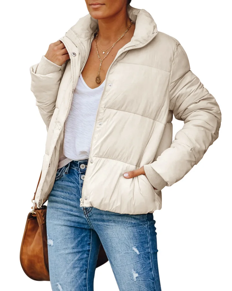 

Autumn Winter Women's Clothing Solid Color Long Sleeve Stand-up Collar Coat Loose Casual Zipper Pocket Parka Cotton Coat
