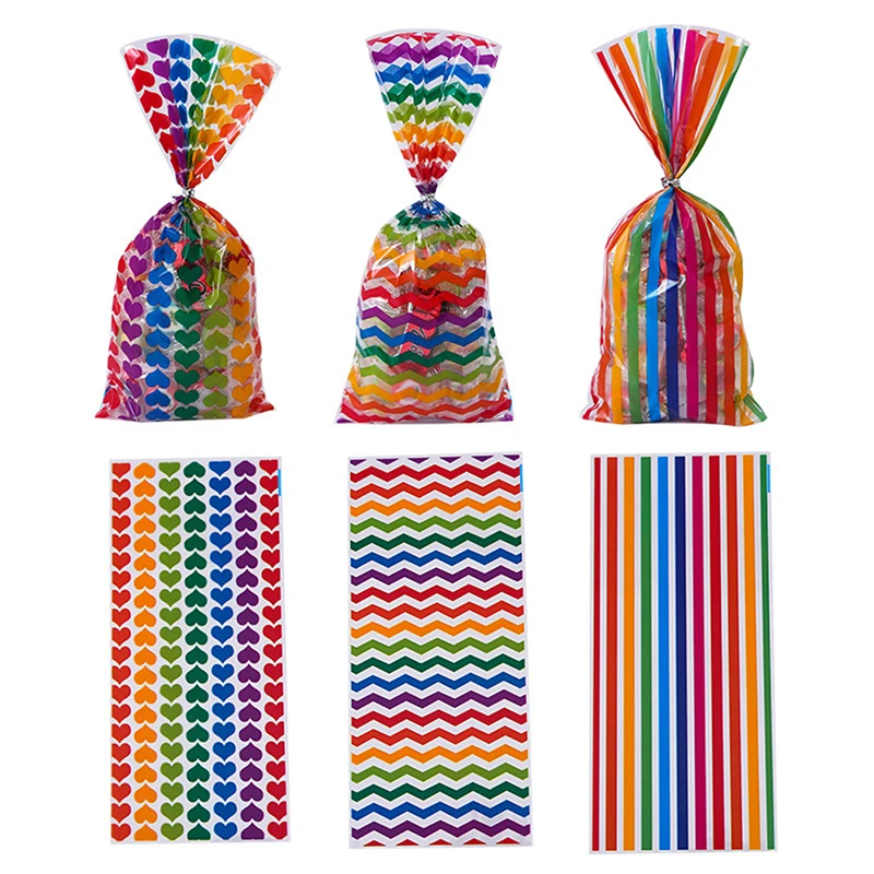 

120Pcs Rainbow Stripes Candy Bags OPP Cellophane Pouches Birthday Holiday Party Favor Storage Gift Snack Food Bags