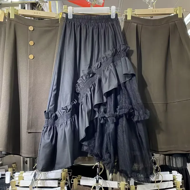 

Женская длинная юбка с рюшами, черная Асимметричная юбка средней длины с завышенной талией и рюшами, в готическом стиле, корейская мода, гранж