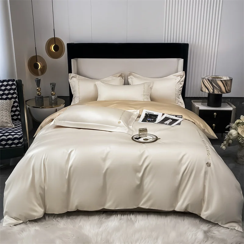 

J Bedding set Egyptian cotton Embroidery quilt cover soft duvet cover Silky Flat bed sheet pillowcases King Queen size