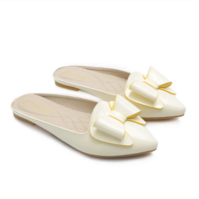 

Feminino Sweet Bow-Knot Flat Slippers Front Closed Toe Daily Casual Shoes Patent Leather Beige Pinkish Spongy Insole 43-33 22cm