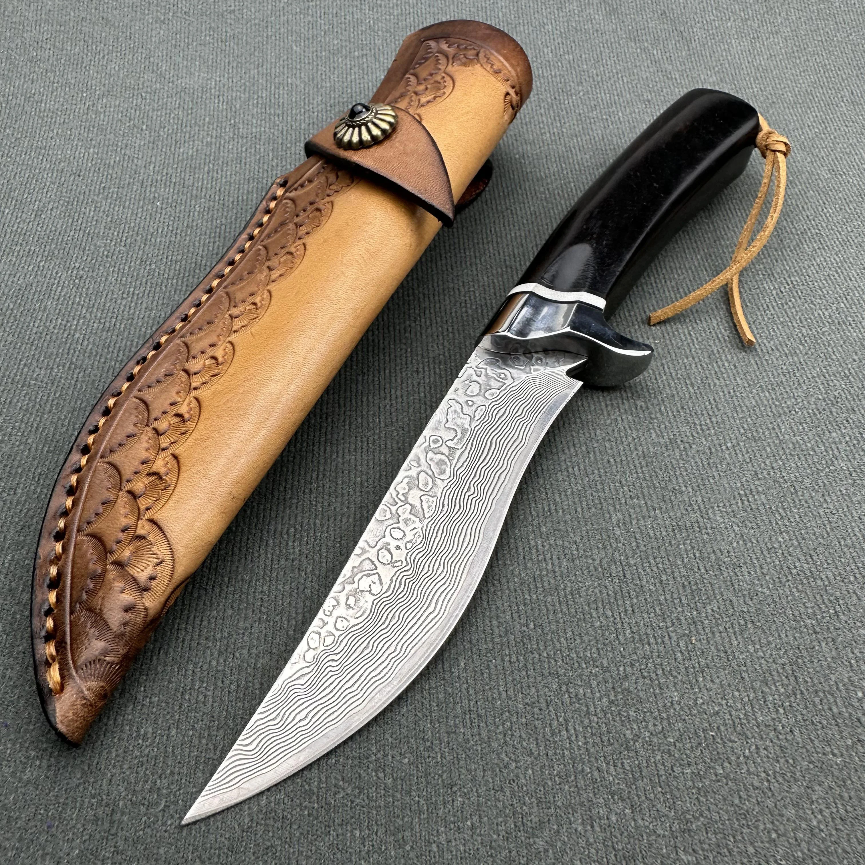 

Top Handmade Damascus VG10 Steel Bowie Knife Sandalwood Handle,Premium Leather Sheath,Outdoor,Hunting,Bushcraft,Boning&Camping
