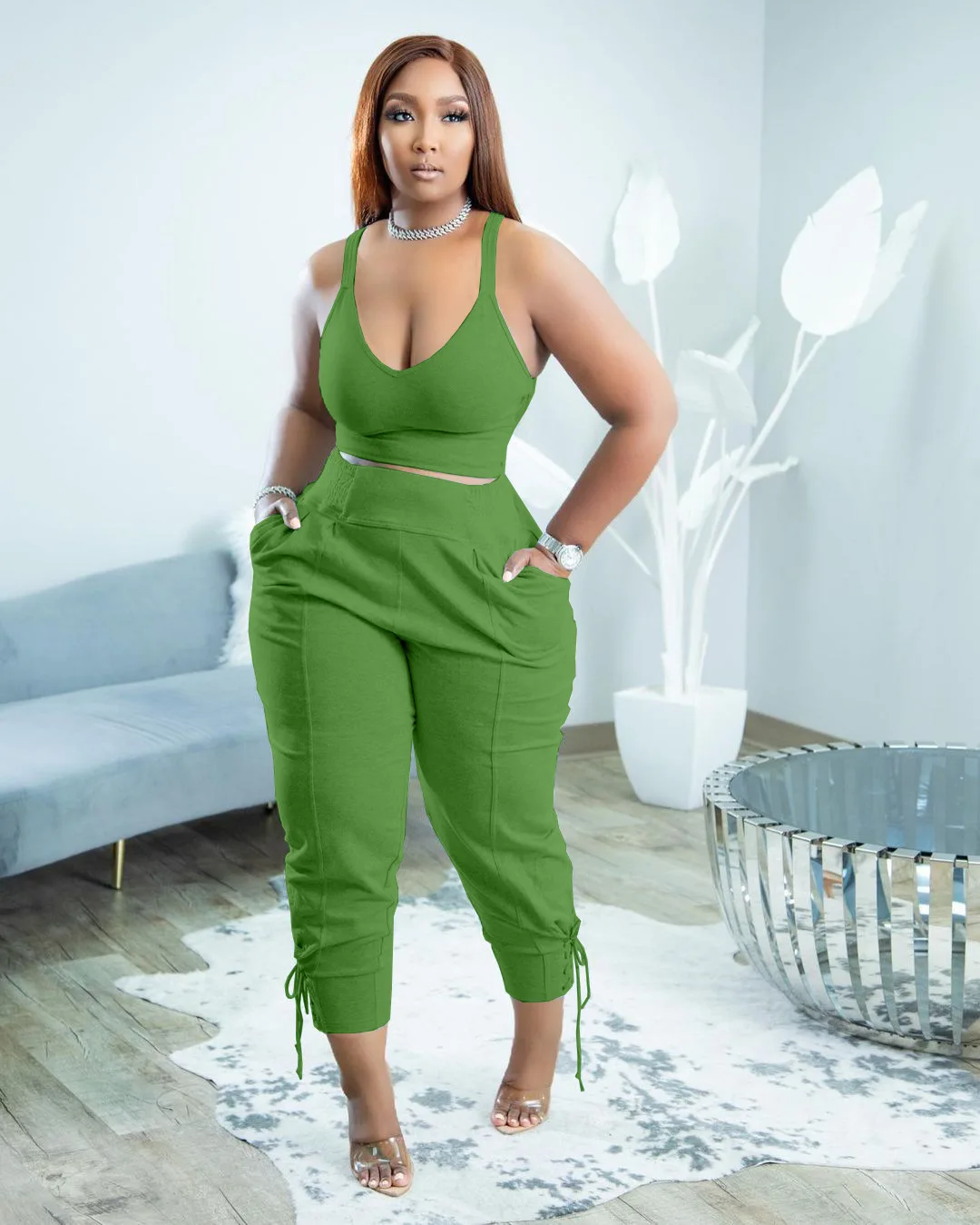 Plus Size 2 Piece Set Women Women's Clothing Set 2 Pieces Solid Elastic Waist Square Collar Set of Two Fashion Pieces for Women