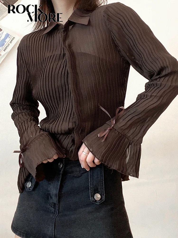 

Rockmoer Brown Vintage Pleated Shirts Women Casual Long Sleeves Blouse Streetwear Female Buttons Lace-Up Cardigans Tops Grunge