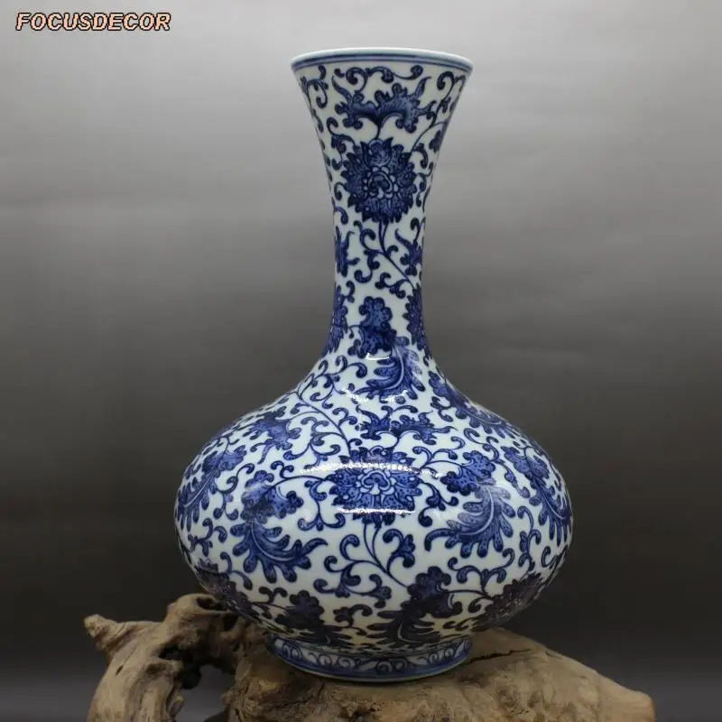 Фото Керамическая ваза для бутылок Qing Dynasty Qianlong, синяя и белая ваза с узором лотоса, ручная работа, Цзиндэчжэнь, антикварная фарфоровая керамика №1