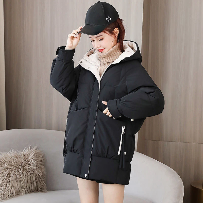 Down Cotton Jacket Women's Medium Length Winter 2023 New Korean Version Loose Thickened Cotton Jackets Casual Hooded Coat Female