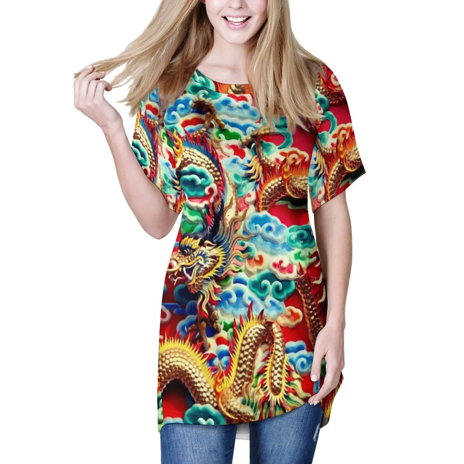 

Длинные футболки с изображением китайского дракона, модная футболка с изображением мифических животных, элегантные футболки большого разм...