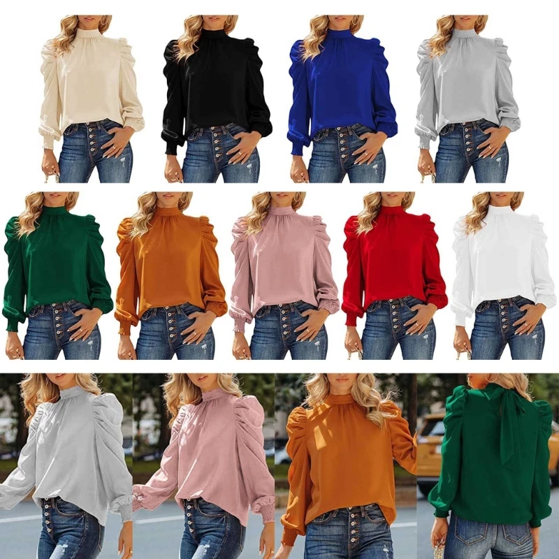 

Women's Puff Long Sleeve T-Shirt Casual Loose Fit High Neck TShirt Blouses Tops