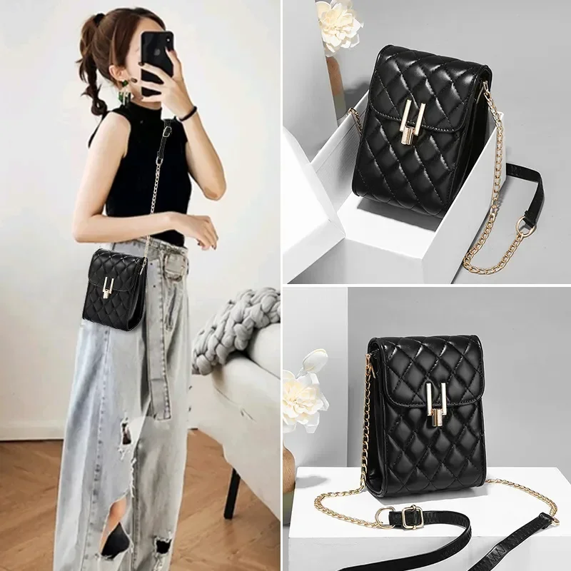 

Mini Mobile Style 2023 Trend Lingge Bag Fashion Chain Phone PU Simple Shoulder Leather New Bag Crossbody Foreign Women's Bag