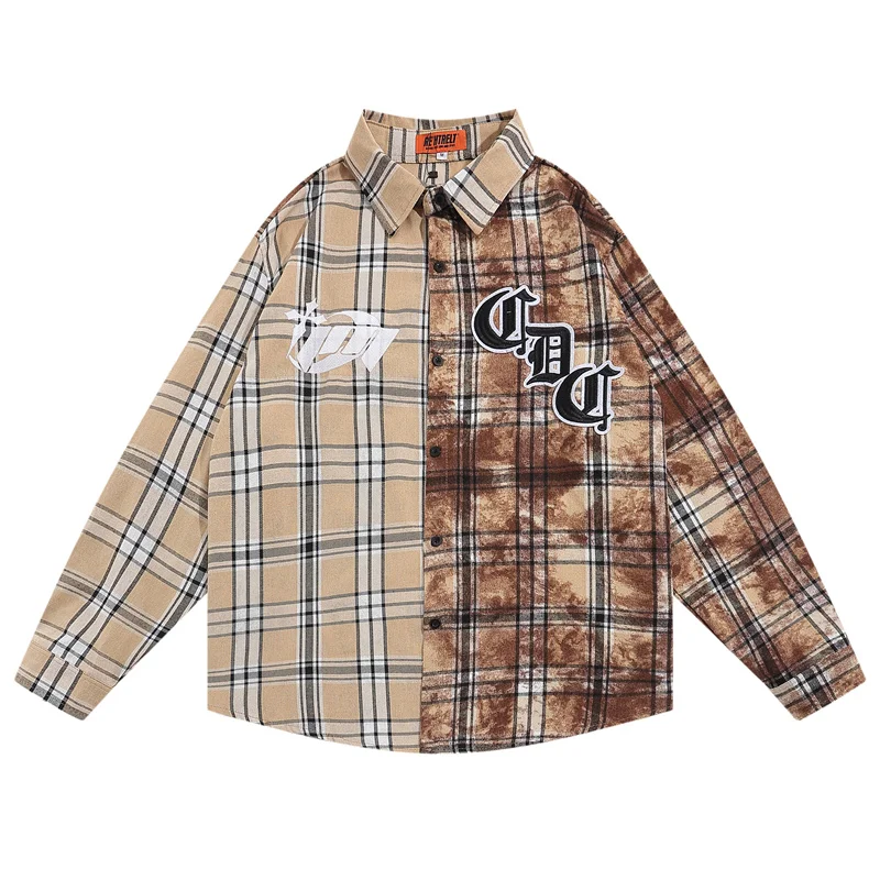 

2022 хип-хоп оверсайз рубашка винтажная уличная галстук с буквами краситель печатные Лоскутные клетчатые рубашки для мужчин Harajuku с длинным р...