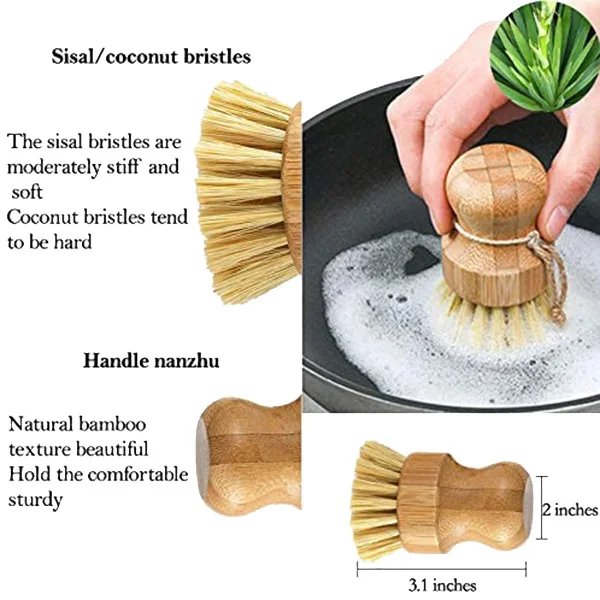 Promotion! 4 Pcs Bamboo Dish Scrub Brush Set 3 Round Brushes And 1 Long Handle Pot For Pan Utensils Bowl Cleanin |
