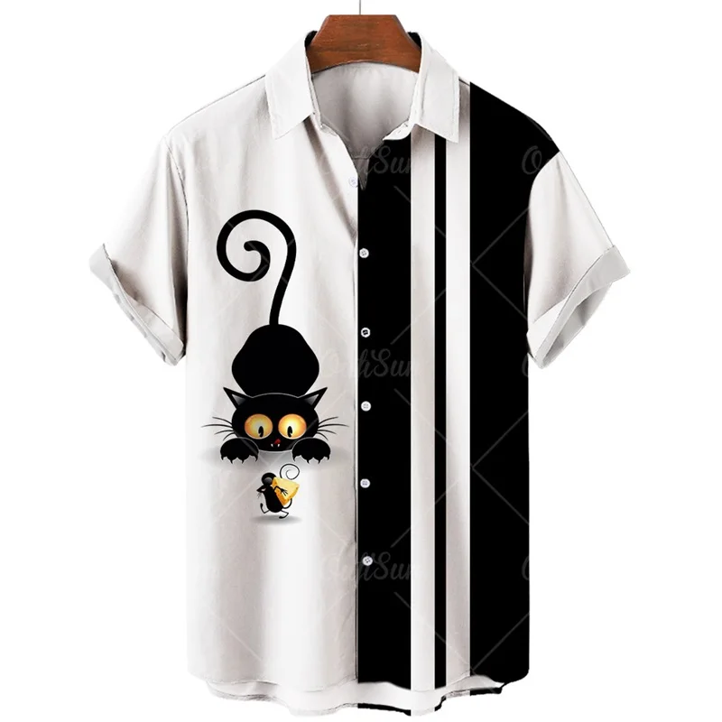 

Summer Shirt 3D Printing Black And White Top Funny Funny Cat New Personality Short-sleeved Lapel Fashion Casual Loose Travel