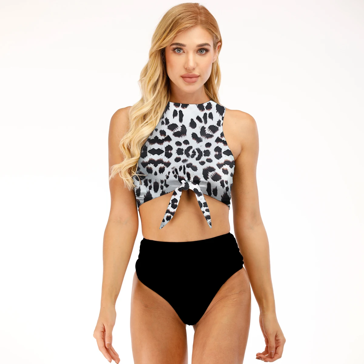 

High Waist Bottom Women Swimsuit 2022 New Leopard Tankini Top Knot Front Bikini Set Swimwear Maillot De Bain Femme Bathing Suit