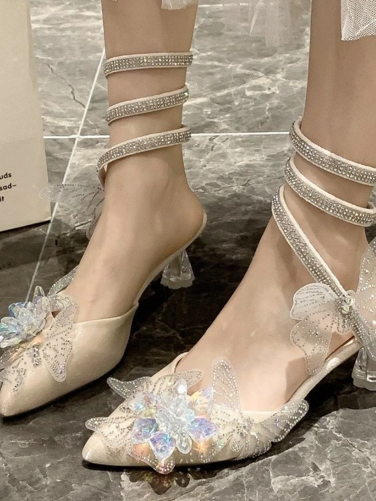 

Босоножки женские с заостренным носком, заостренный носок, кристаллы, сказочные, модные вечерние тные пляжные туфли в Корейском стиле, на вы...