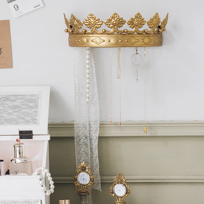 Crown Design Wall Decor Handcrafted Vintage Retro Gold Luxury Jewelry Hanging Hooks Rack