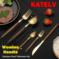 wooden handle gold tableware set stainless steel dinnerware wedding banquet silverware set knife spoon fork kitchen accessories
