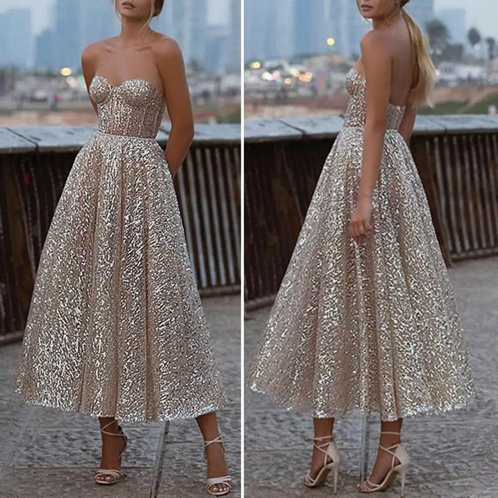 Женское вечернее платье с пайетками элегантное однотонное низким вырезом лето