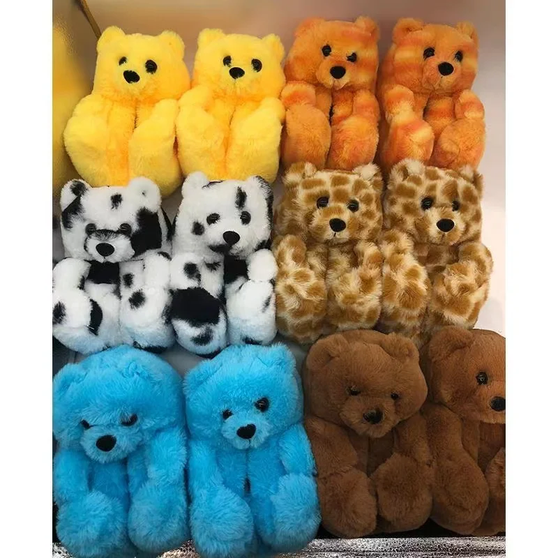 

Teddy Bear Plush Slippers Furry Faux Fur Slides Woman Shoes