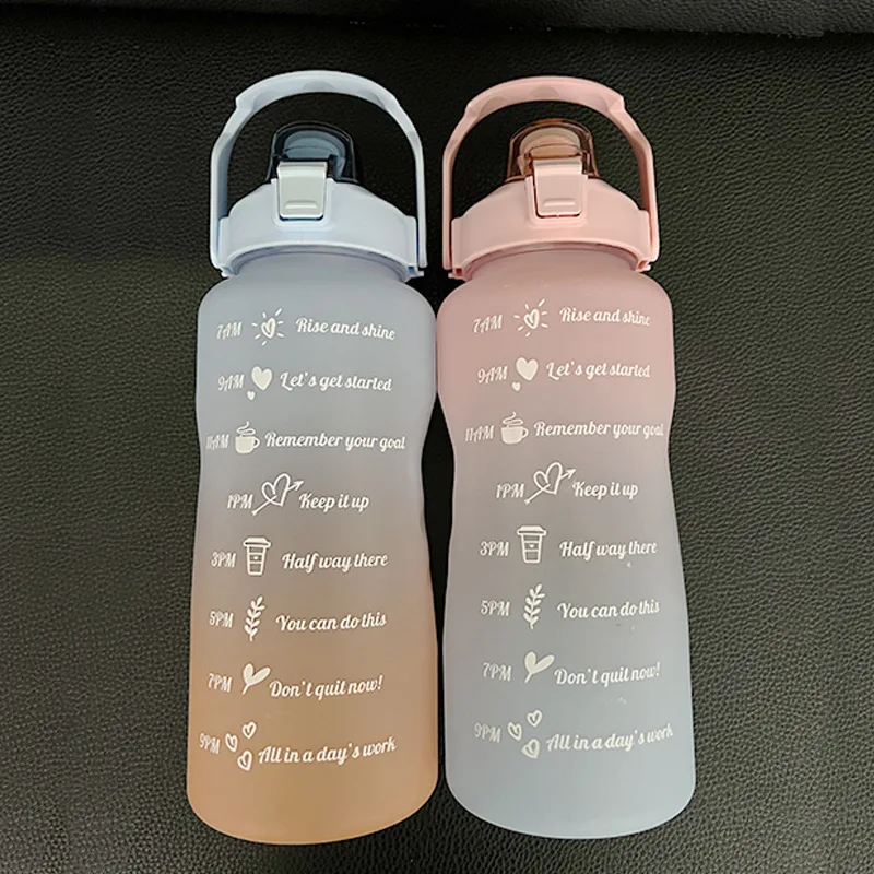 

Gradient Color Large-Capacity Water Bottle With Time Marker Scrub Space Cup Portable Gym 2L Sports Waterbottle With Straw