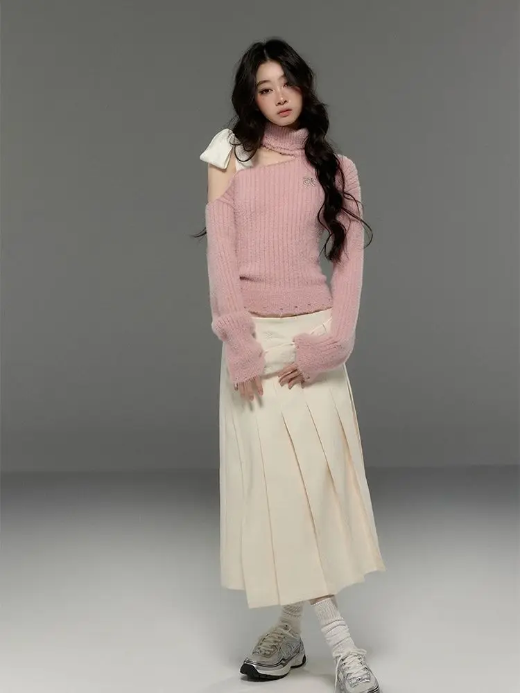 Женский кашемировый свитер с бантом свободный винтажный открытыми плечами Y2k