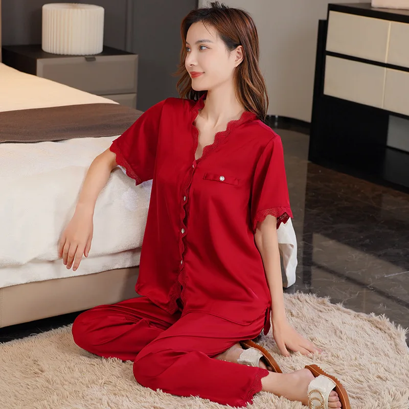 Summer Sleepwear for Women Silk Cool Feeling Short-sleeved Trousers Sexy Pajamas Two Pieces Suit Leisure and Smooth Loungewear