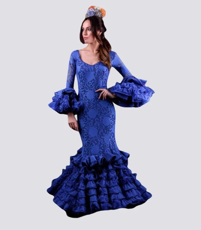 Женское вечернее платье-русалка, синее кружевное платье с оборками и длинным рукавом, в цветочек, для выпускного вечера