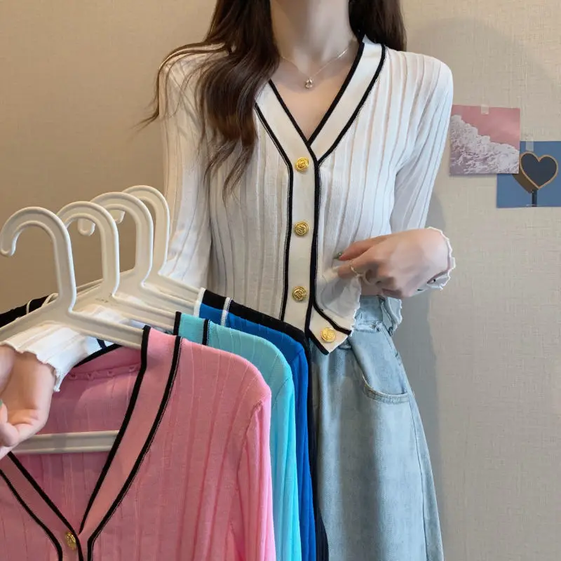 

Fashion solid Patchwork Knitting Cardigan autumn Long Sleeve casual slim Button Knitted Sweaters all-match thin sweater blue top