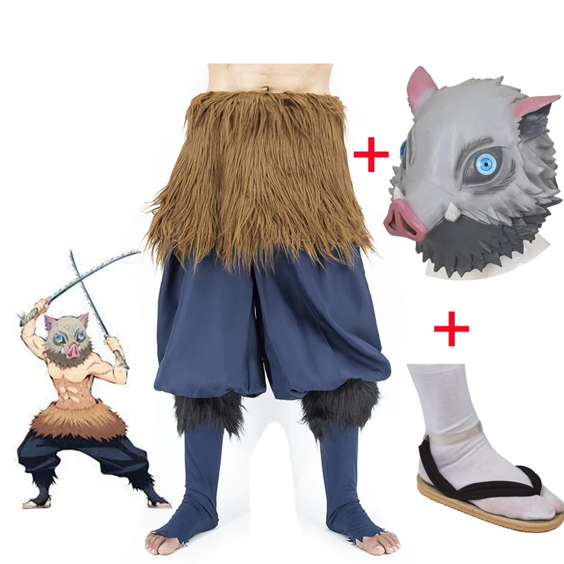 

Anime Demon Slayer Kimetsu No Yaiba Hashibira Inosuke Cosplay Costume Pig Silicone Mask Black Socks Sandals Cosplay