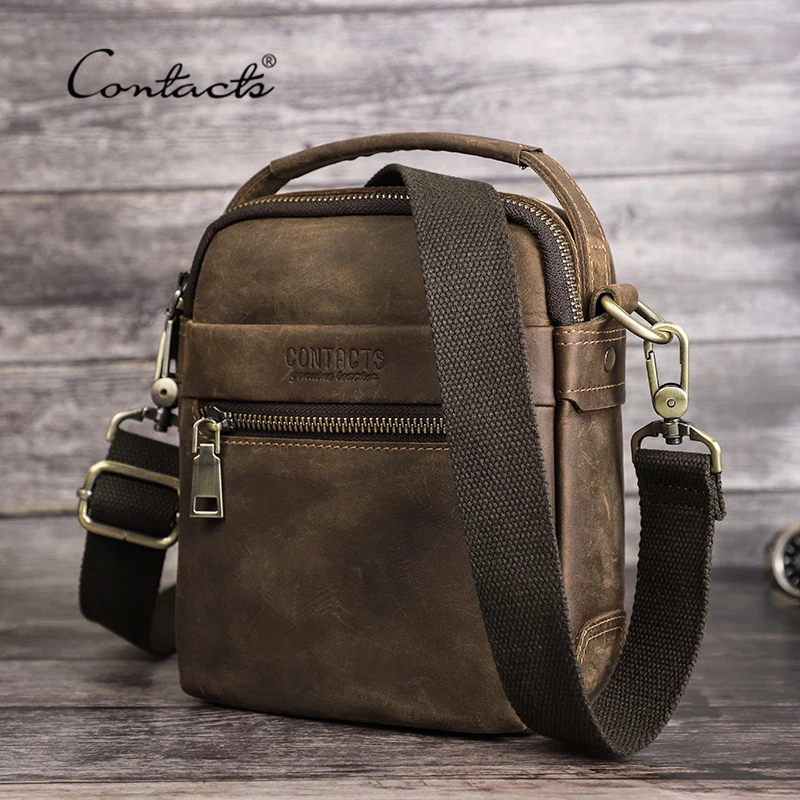 

CONTACT'S Men Small Messenger Bag Genuine Leather Crossbody Bag Male Travel Tote Handbag Casual Shoulder Bag For iPad Mini
