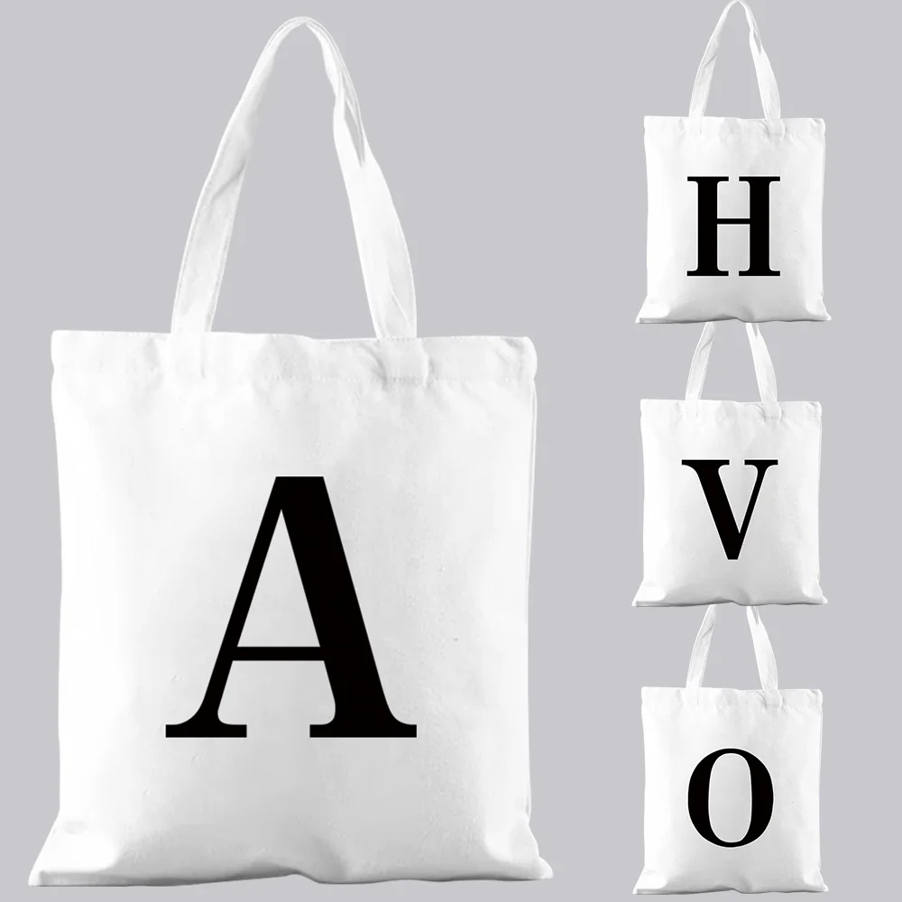 

Commuter Casual Canvas Bag Shoulder Bag White Basic Initial Name Pattern Print Student Tote Bag Shopping Bag