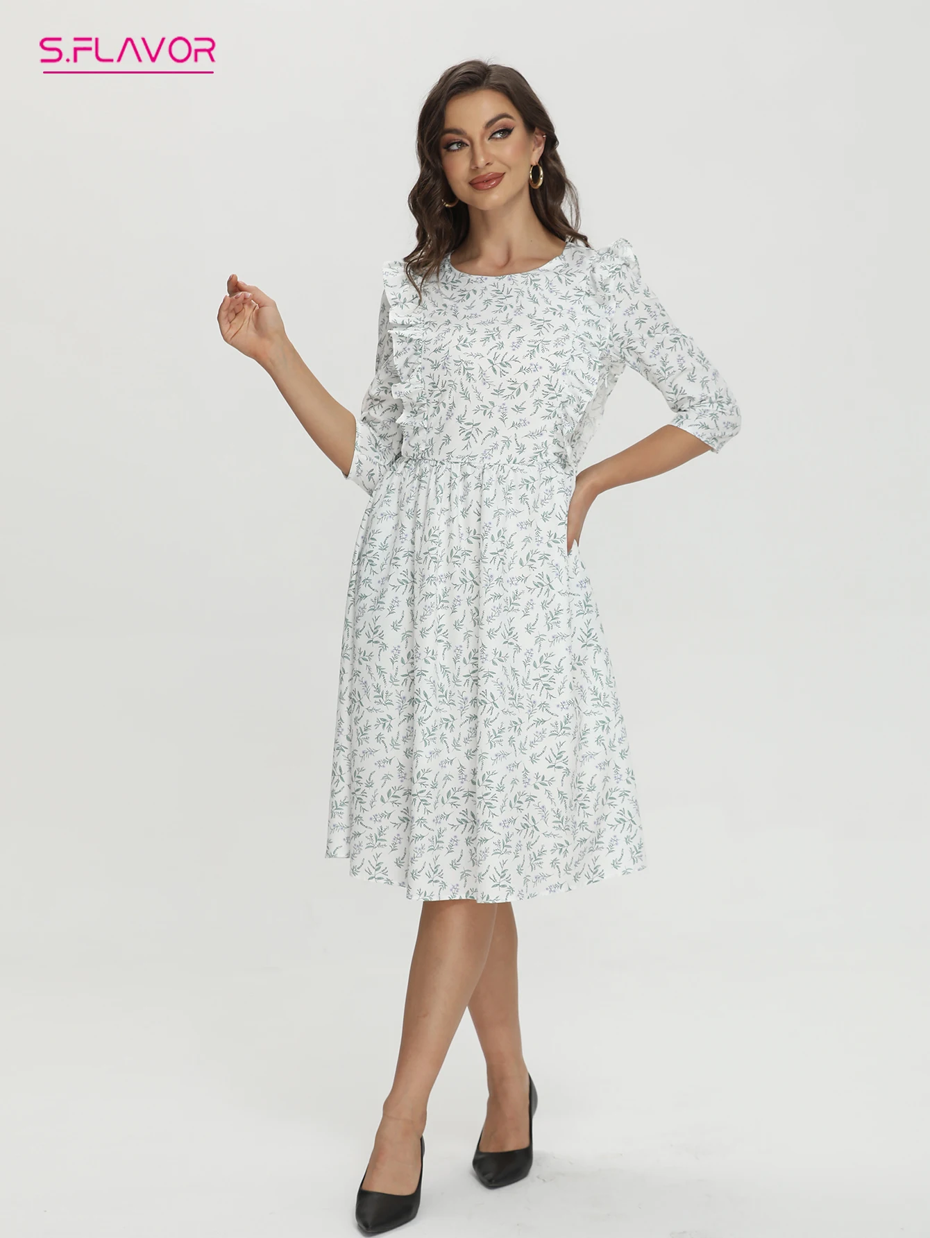 

S.FLAVOR Autumn Fashion Women's White Printed Ruffled Midi Dresses O-neck 3/4 Sleeve Casual A-line Dress