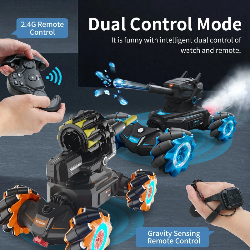 2023 Twistable Stunt Water Bomb Tank RC Toy Shooting Competitive Gesture Controlled Tank Remote Control Drift Car Kids Boy Toys