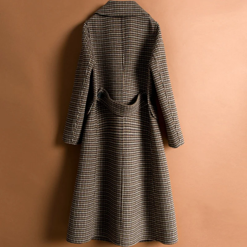 

Winter Autumn Thick Houndstooth Double Breasted Long Double-Sided Coat Women Outwear Elegant Office Lady Wool Jacket Female