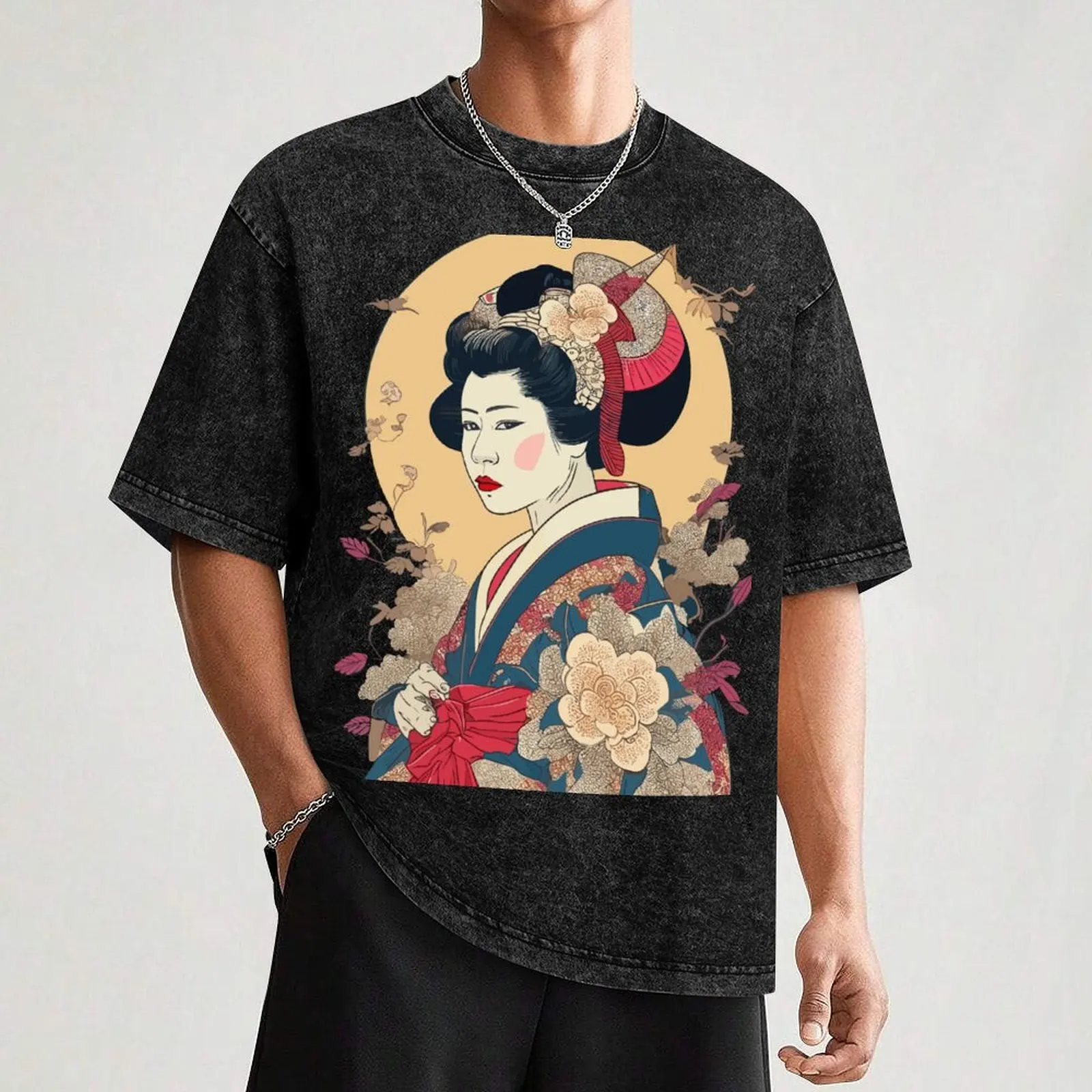 Элегантная футболка Grace: Geisha Design от Ukiyo-e Flat T-Shirt большого размера с рисунком