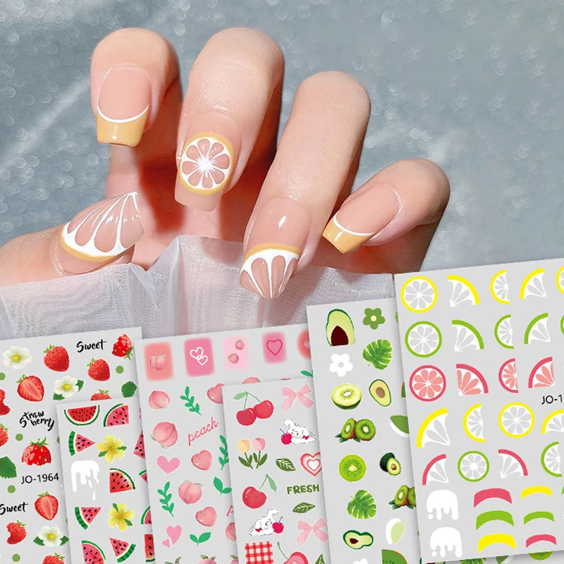 

Summer New Nail Stickers 3D Adhesive Sliders Fruits Avocado Strawberry Lemon Cherry Nail Art Sticker Decals Designs Manicures