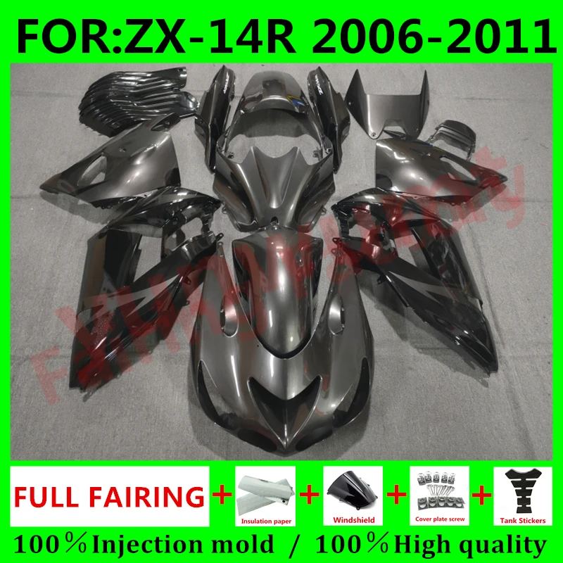 

Комплект обтекателей для мотоцикла, Обтекатели для ниндзя ZX-14R 2006 2007 2008 2009 2010 ZX14R zx 14r 06 07 08, комплект обтекателей для кузова, серый, черный