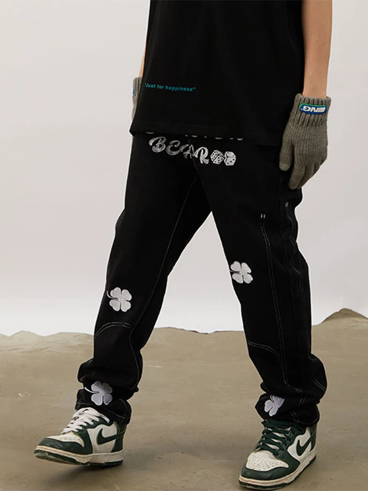 Four Seasons New Men's Jeans Embroidered Letter Jeans Men's Trend Loose Straight Pants Trend Casual Pants Long Pants Baggy Jeans