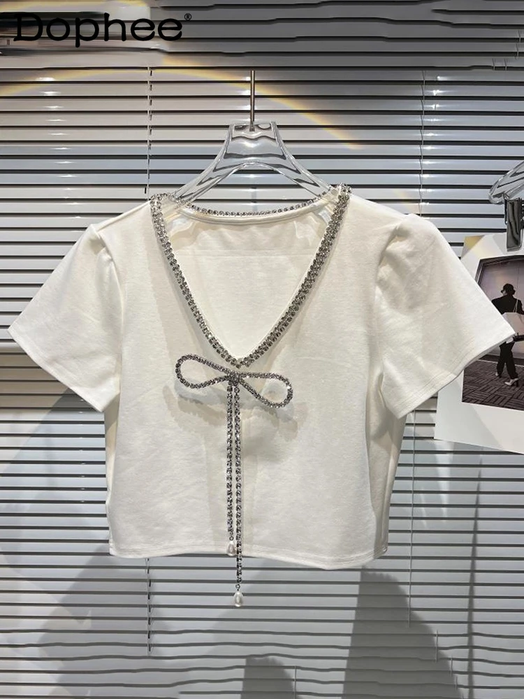

Женская футболка с бахромой Стразы Украшение бантом бриллианты Новый V-образный вырез с коротким рукавом мода весна лето 2022