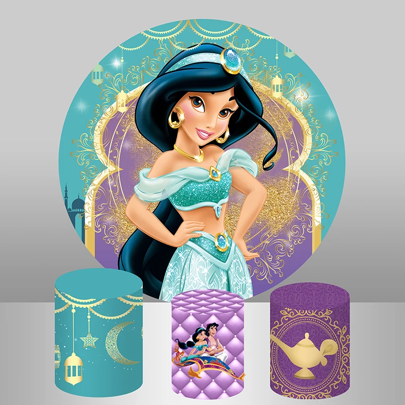 

Aladdin Принцесса Жасмин круглая задняя крышка Золотой блестящий фиолетовый бирюзовый для девочек день рождения круг фоны скатерти для стола