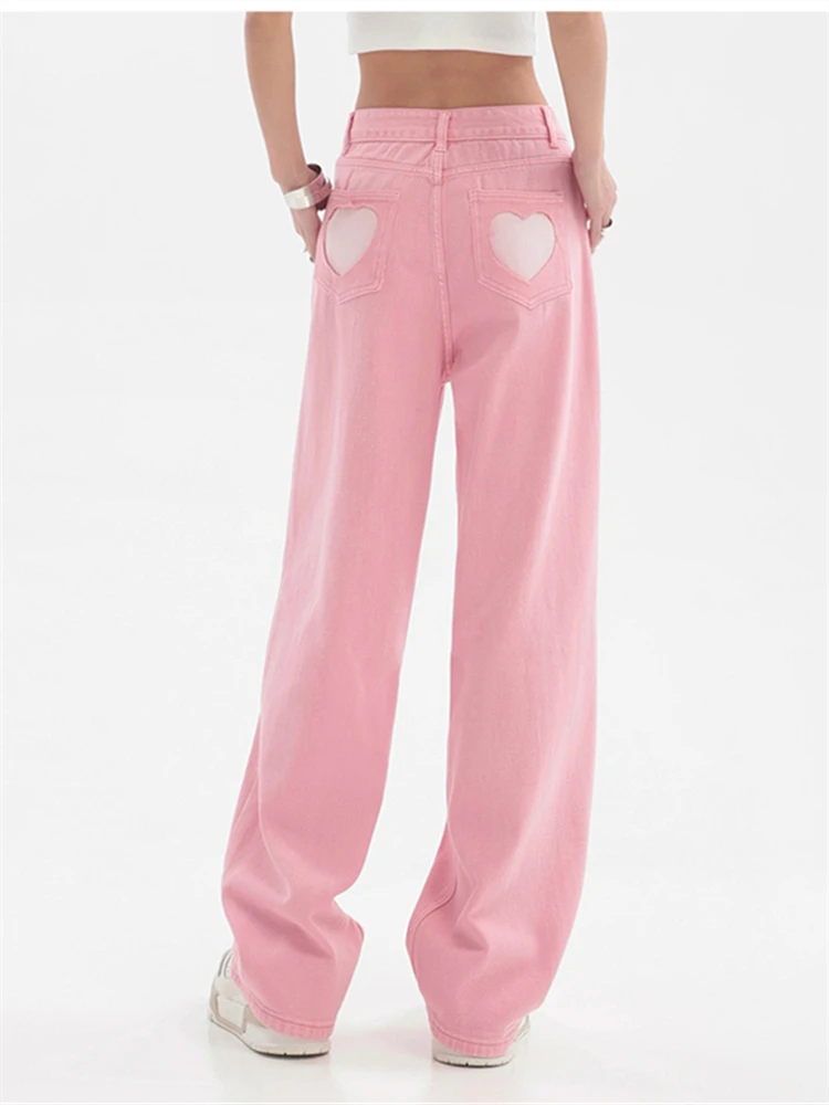 

Love Design Pink Straight Jeans Women's Summer European American High Street Casual Wide-leg Trousers Mopping Denim Pants Trendy